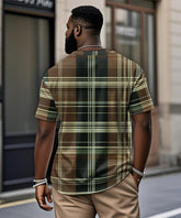 Men's Plus Size Casual Daily Green Plaid Print Henry Collar Button Short Sleeve T-Shirt